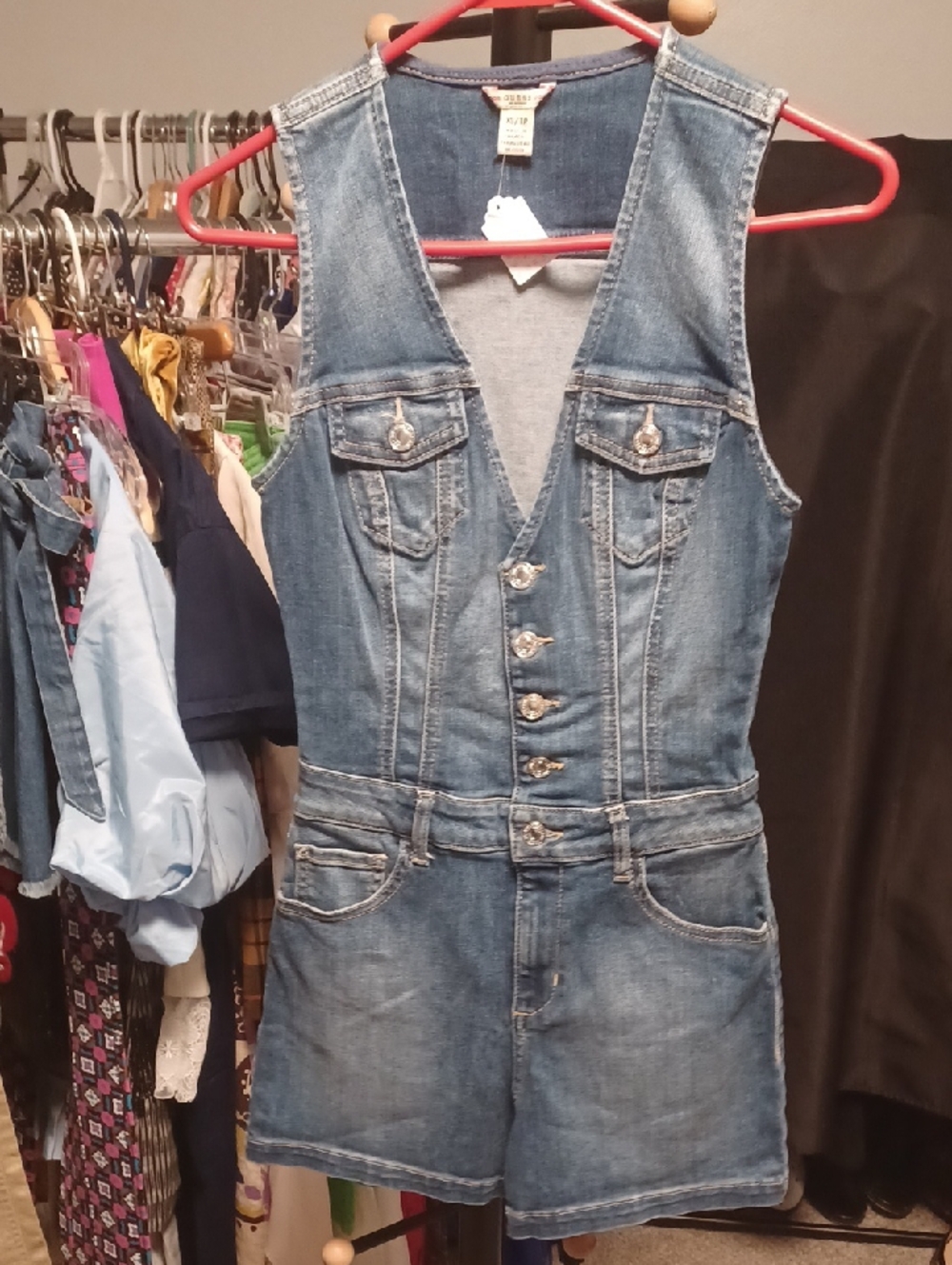 Guess Light Wash Denim Button Front Vest Style Shorts Romper Women's XS